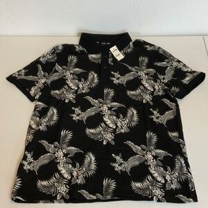 Express Men's Black and Gray Floral Polo Shirt New With Tags